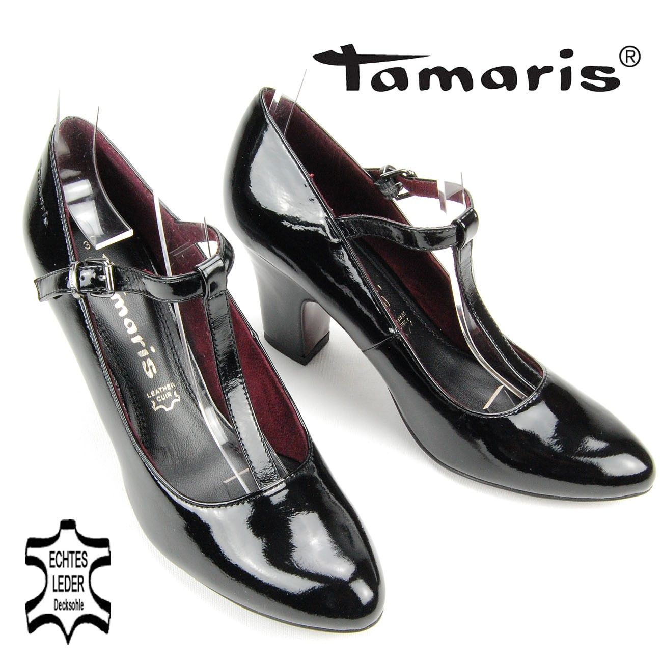 DPM615 TAMARIS Damen T Strap Pumps Decksohle Leder Lack schwarz NEU