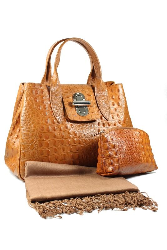 SET VERA PELLE Ital. Leder Tasche Handtasche cognac kroko + Kosm