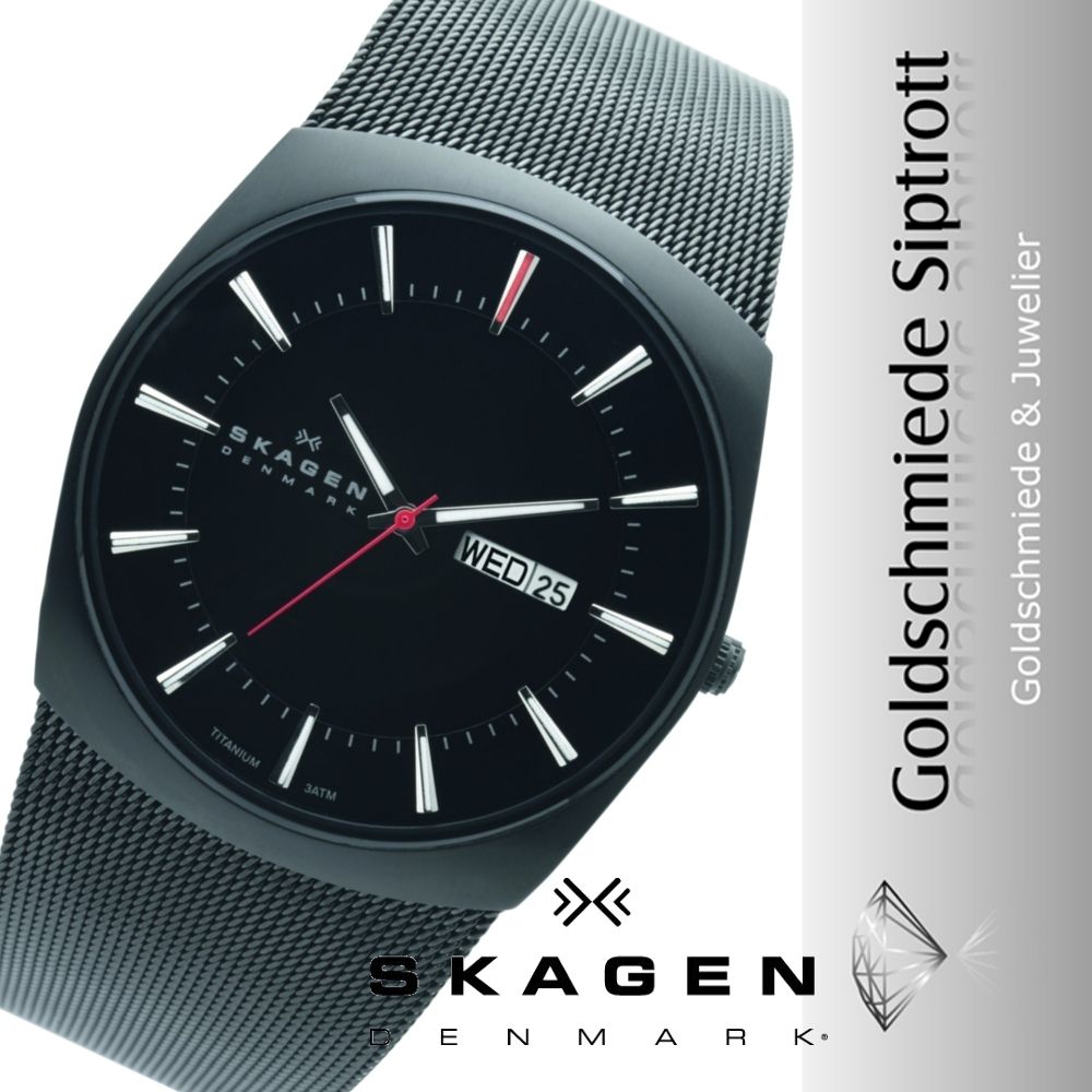 SKAGEN 696XLTBB Herrenuhr Titan schwarz Tag und Datum Milanaisearmband