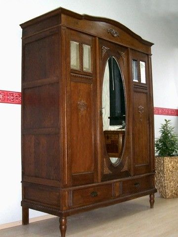 ANTIK Jugendstil Kleiderschrank Dielenschrank Garderobe Spiegel Eiche