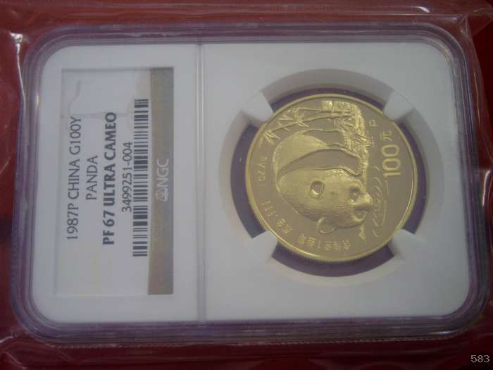 oz 100 Yuan Gold China Panda 1987 Y Proof in weißer Plasteschachtel