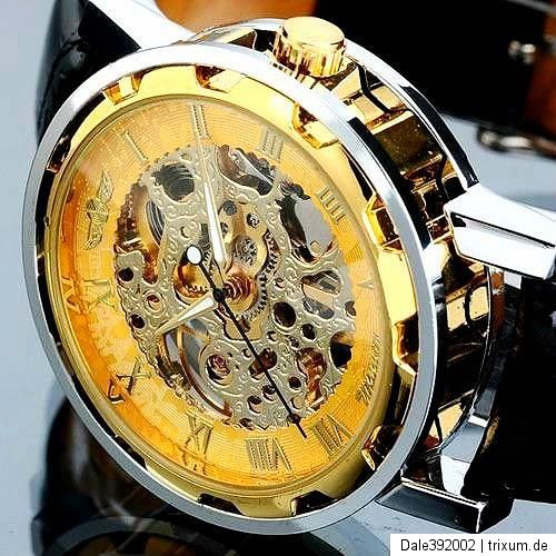 Herrenuhr Leder Armband Uhr Skelett mechanik silber   gold Neu