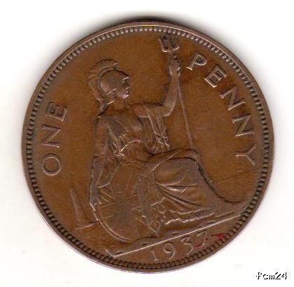 One Penny GEORGE VI DGBROMNREX 1937 Großbritannien England