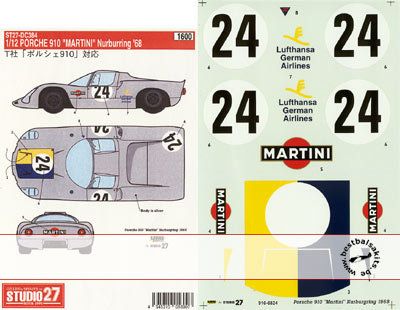 STUDIO 27 DECAL TAMIYA 1/12 MARTINI PORSCHE 910 NURNB68