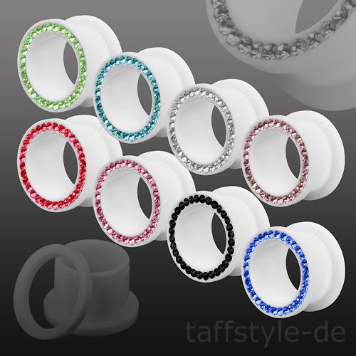 FLESH TUNNEL PLUG OHR PIERCING KUNSTSTOFF WEIß ZIRKONIA KRISTALL 4mm