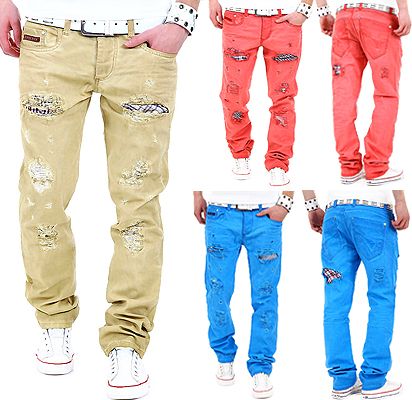 CIPO & BAXX COLOUR DENIM JEANS VINTAGE DESTROYED CHINO HOSE BEIGE BLAU