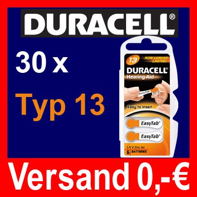 30 x Hörgerätebatterien Typ13 PR48 EasyTab DURACELL°