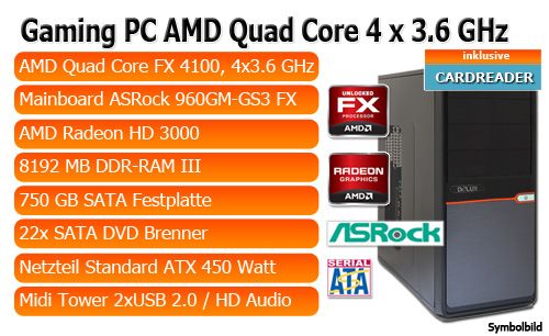 Gaming Quad Core PC FX 4100 AMD 4x3.6GHz 8GB DDR3 RAM 750GB HDD Radeon